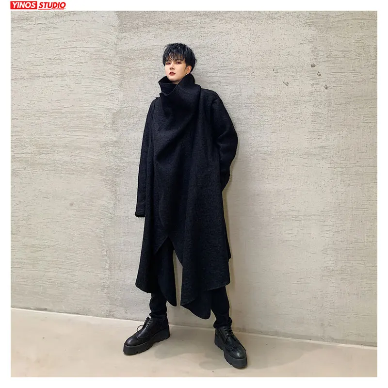 Длинные пальто с высоким воротником однотонный плащ японского дизайна мужские