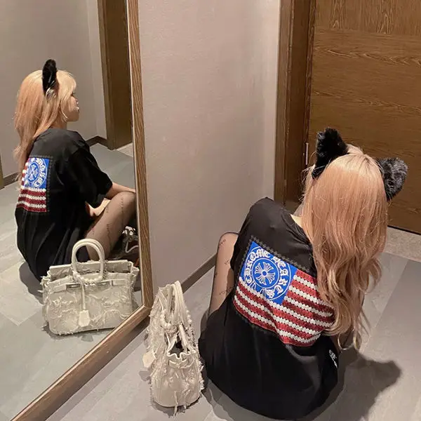 

Korean American Retro Sanskrit Printed T-shirt Women's Short Sleeve and Loose Medium Length Pair Top