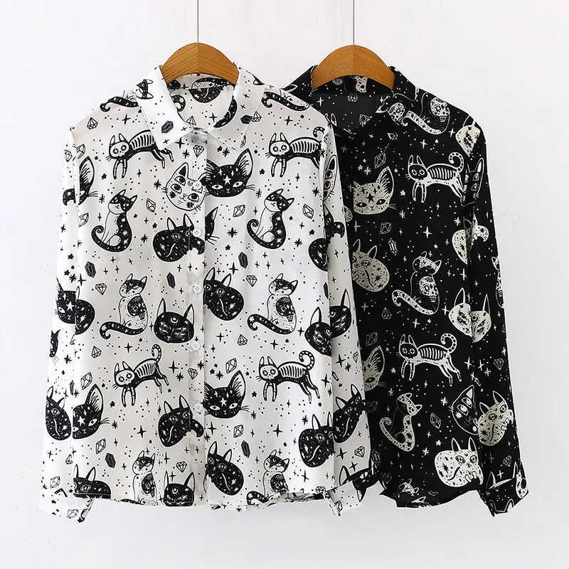 

Women's Blouses Tops Harajuku Blouse Shirts Personality Print Long Sleeve Blouses Turn Down Collar Shirts Female Streetwear