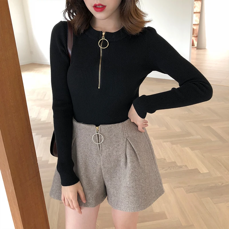 Solid Elastic Winter Coat Women Autumn New Korean Slim Ring Half Zipper High Elasticity Bust Sweater Turtleneck Shirt Female | Женская