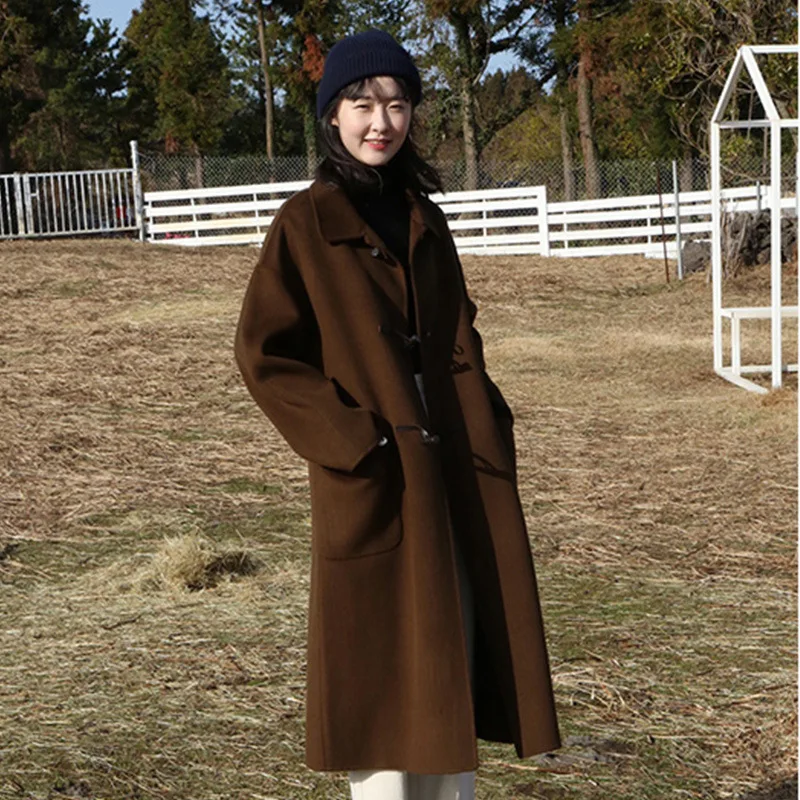 

Осенне-зимнее плотное шерстяное пальто до колена, прямые однотонные шерстяные пальто средней длины с длинными рукавами и пуговицами-рогами...