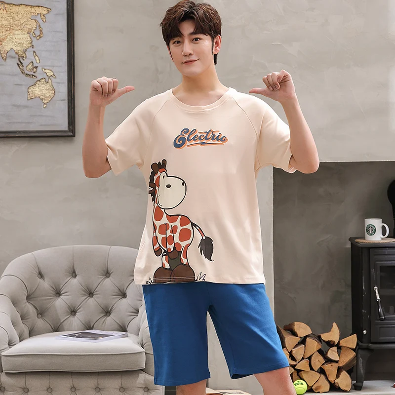 

Men Summer Loose Cotton Print Short Sleeve Shorts Oversize Homewear Set Casual Soft Breathable Fashion Nightwear New Pajamas Set