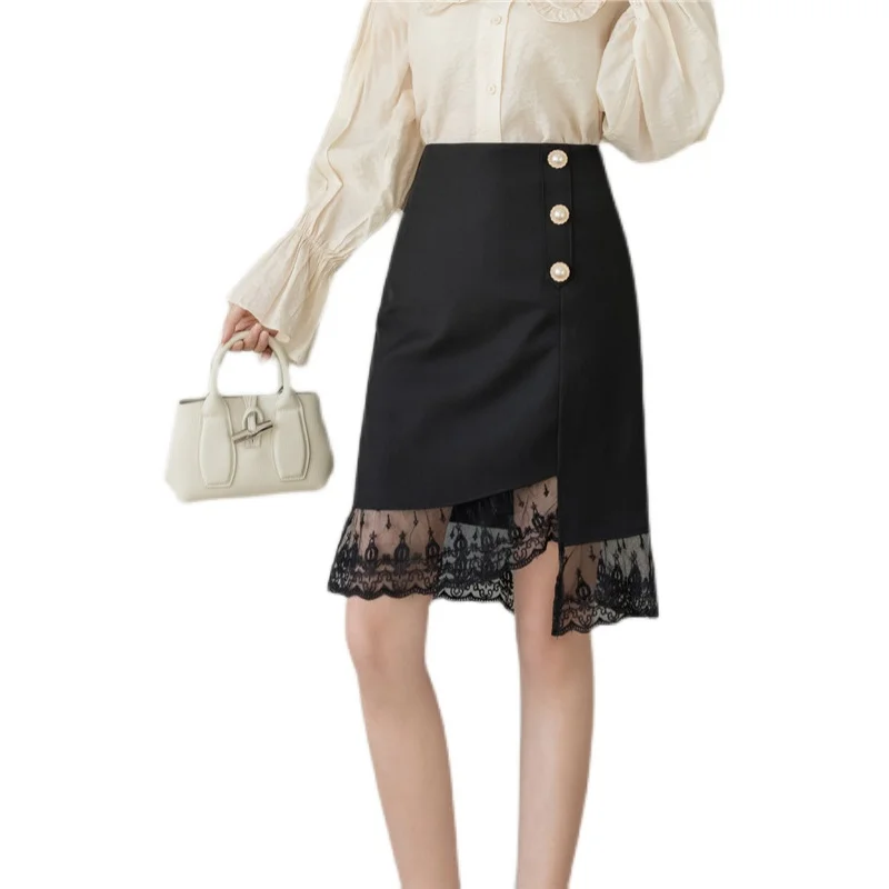 

Midi Skirts 2021 New Fashion Irregular Lace Patchwork Package Hip Skirt Womens Elegant High Waist Skirts Office Lady Skirt