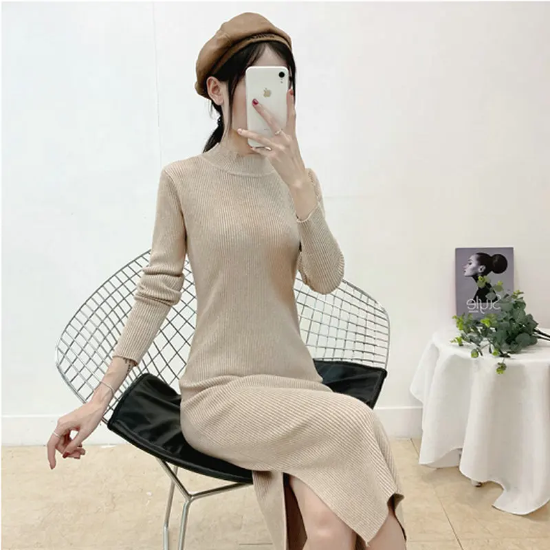 

Autumn Winter Split Side Long Dress Women Solid Color O Neck Sweater Jumper Robe Female Elasticity Slim Bodycon Knitted Dresses