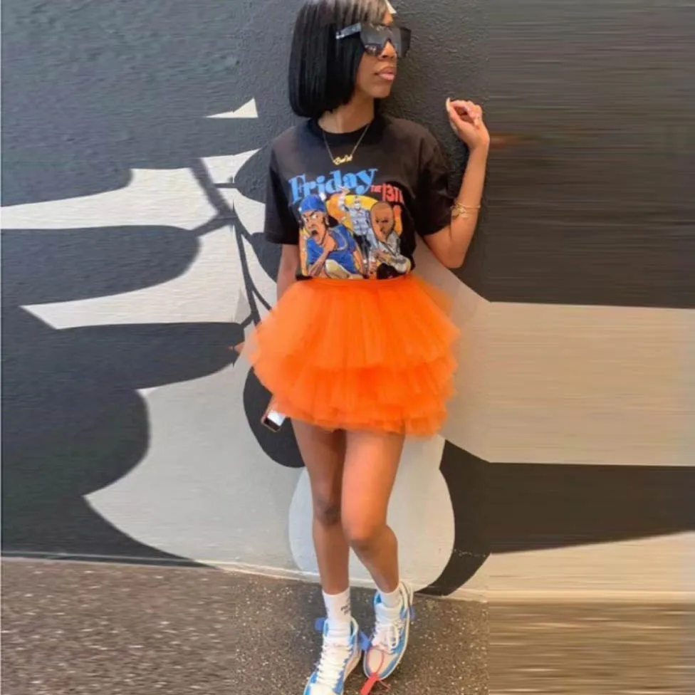 Оранжевая мини юбка пачка из фатина короткая Коктейльная вечерняя многослойного