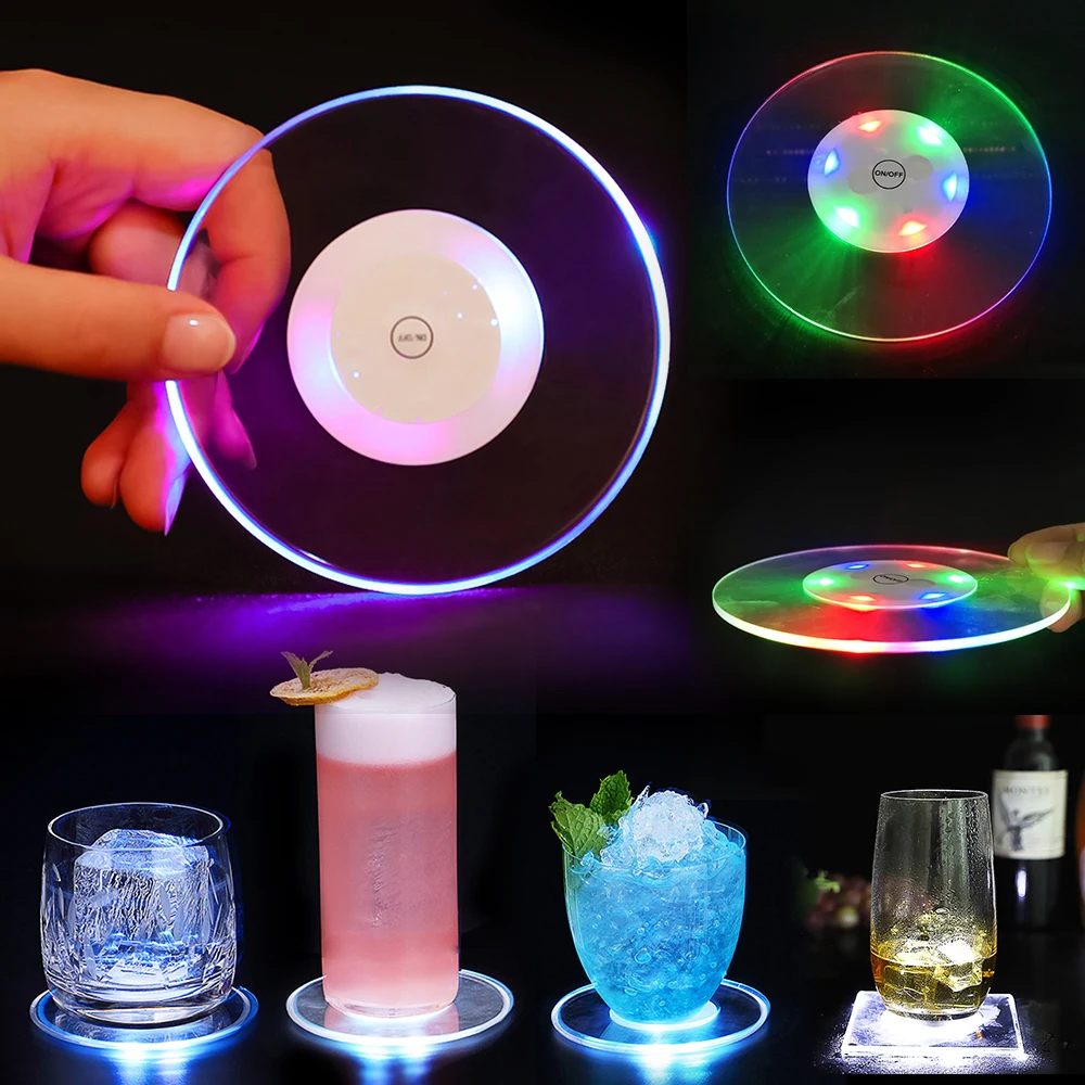 Led Light Ultra-Thin Coaster Cocktail Coaster Table lamp Drink Coasters Flash Bar Bartender Lighting Base Lamp Acrylic Crystal