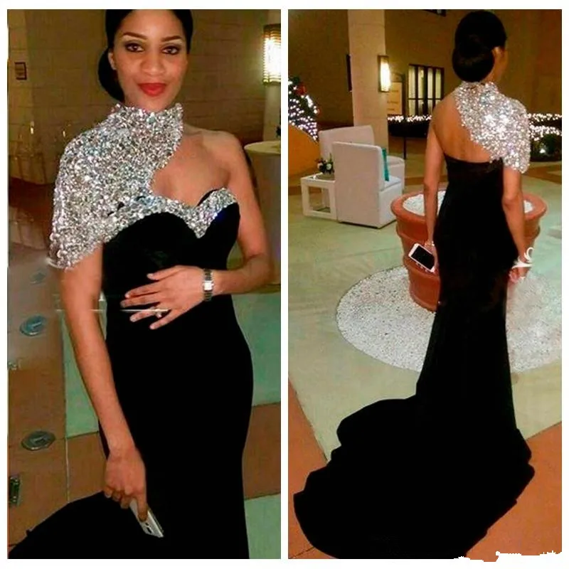 

2020 Bling Bling Elegant Black Mermaid Evening Dresses High Neck Crystal Beaded Short Sleeves Women Crystal Beaded Prom Gown