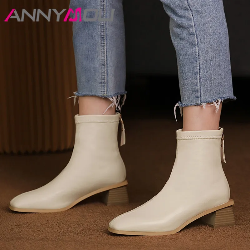 

Ботильоны ANNYMOLI женские на среднем каблуке, ботинки на молнии, на толстом каблуке, квадратный носок, короткие сапоги, бежевые, большие размер...