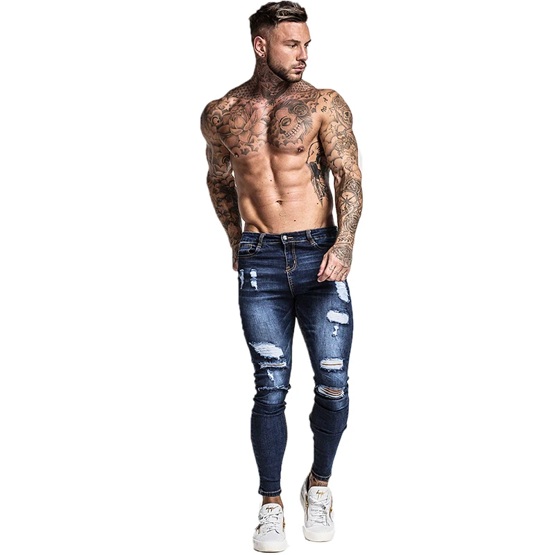 VOMINT мужские обтягивающие Стрейчевые отремонтированные джинсы темно синие в