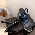 2021 шикарные женские летние сандалии из нержавеющей Стальные сандалии на высоком каблуке с открытым носком и заклепками обувь для вечеринок с ремешком на щиколотке