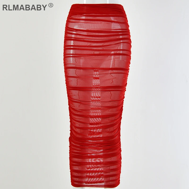 Летние rlmababy пляжные вечерние пикантные сетчатые юбки прозрачные длинные макси Прозрачные юбки Высокая Талия Ruched прозрачные Клубные юбки красного цвета