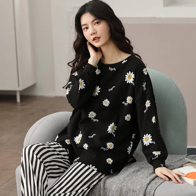 

Daisy Pocket Pyjamas Winter Women Pajamas Sets O-Neck Casual Sleepwear Lovely Cartoon Pijamas Mujer Long Sleeve Cotton Pyjamas