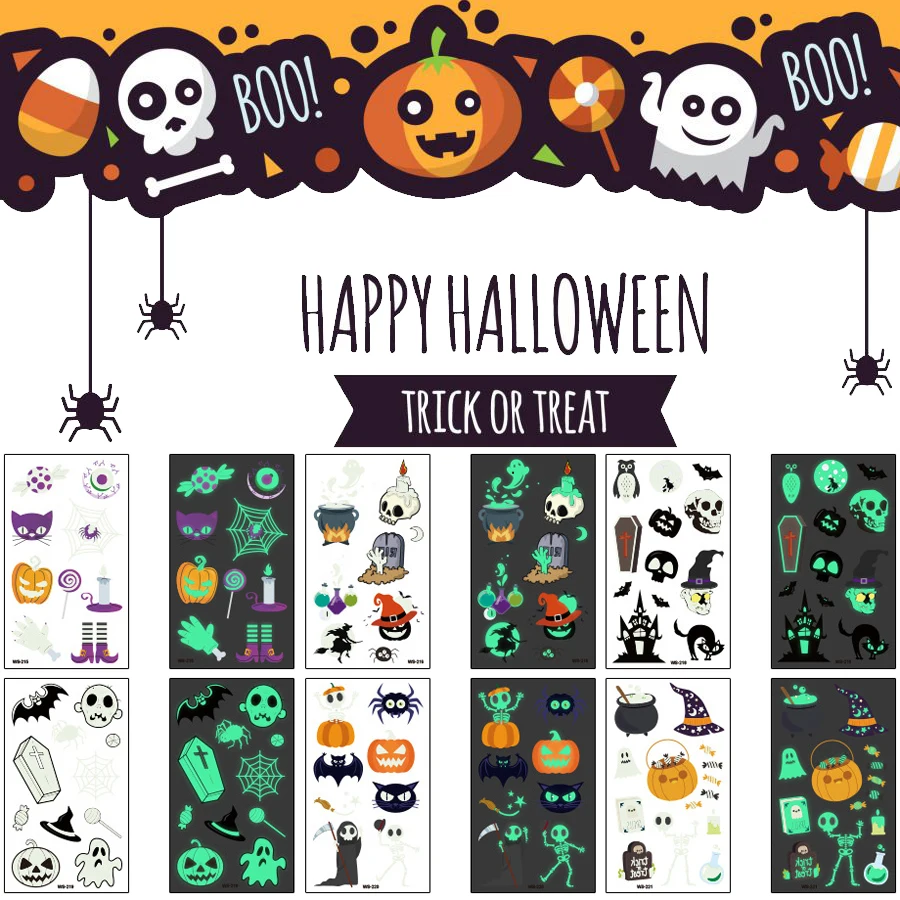 Светящиеся украшения на Хэллоуин тату тыква смертельный Кот Череп конфеты