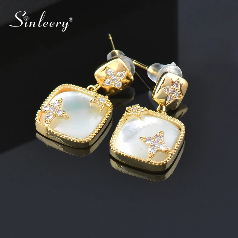 

SINLEERY Square Shell Star Dangle Earring For Women Gold Color Drop Earrings Fashion Jewelry Accessories ES591 DP1