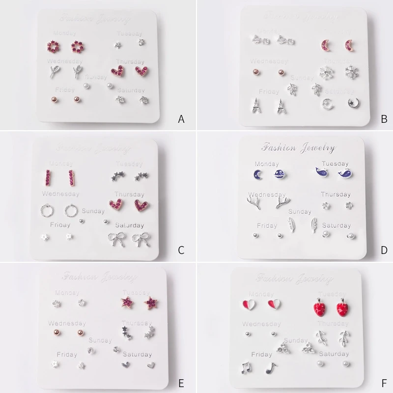 7 пар/компл.. Серьги Искусственный горный хрусталь каждый день разные