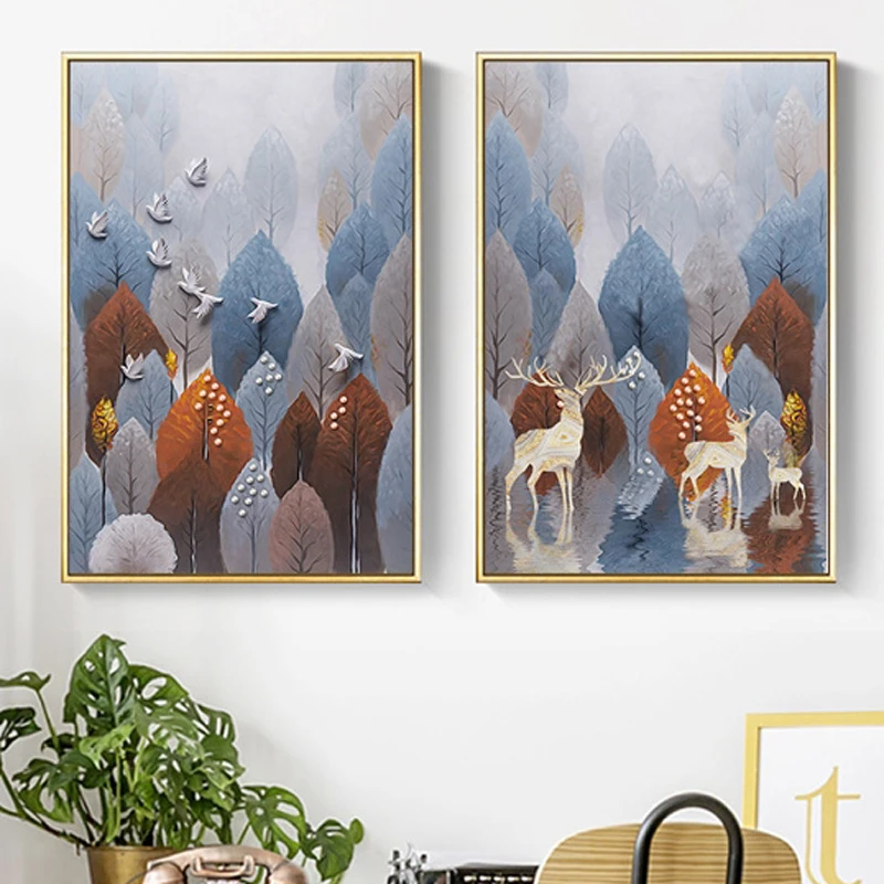 

Tree Forest Plants Deers and Bird Landscape Wall Art Canvas Painting Nordic Poster and Prints Wall Pictures for Living Room 4-32