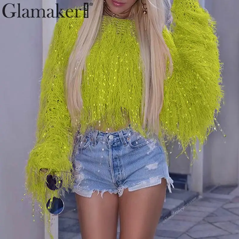 Glamaker/короткий свитер с кисточками и блестками укороченный Топ для женщин Зимний