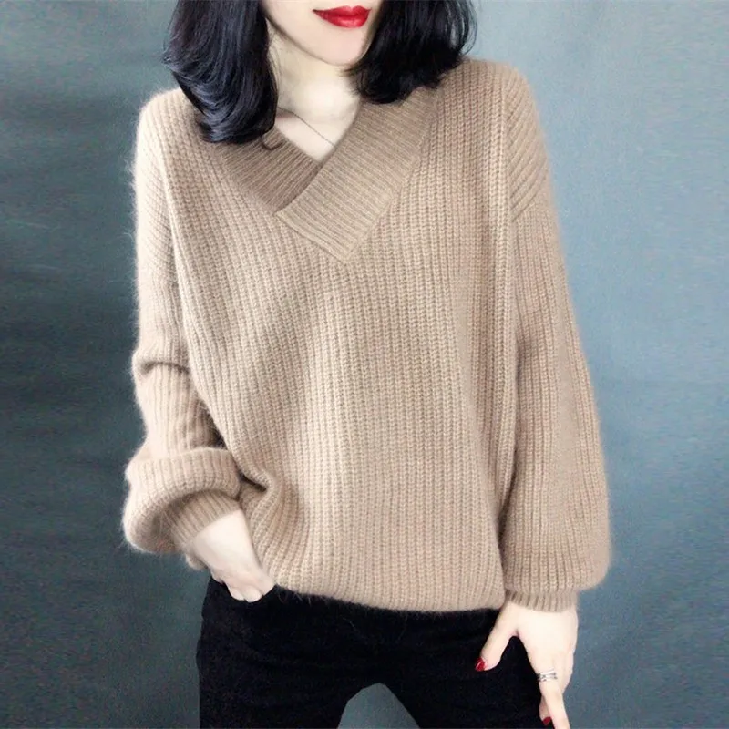 Loose Casual Lantern Sleeve Mohair Thicken Sweater Women Fashion Trend Simple V-neck Solid Color Pullover Sweater
