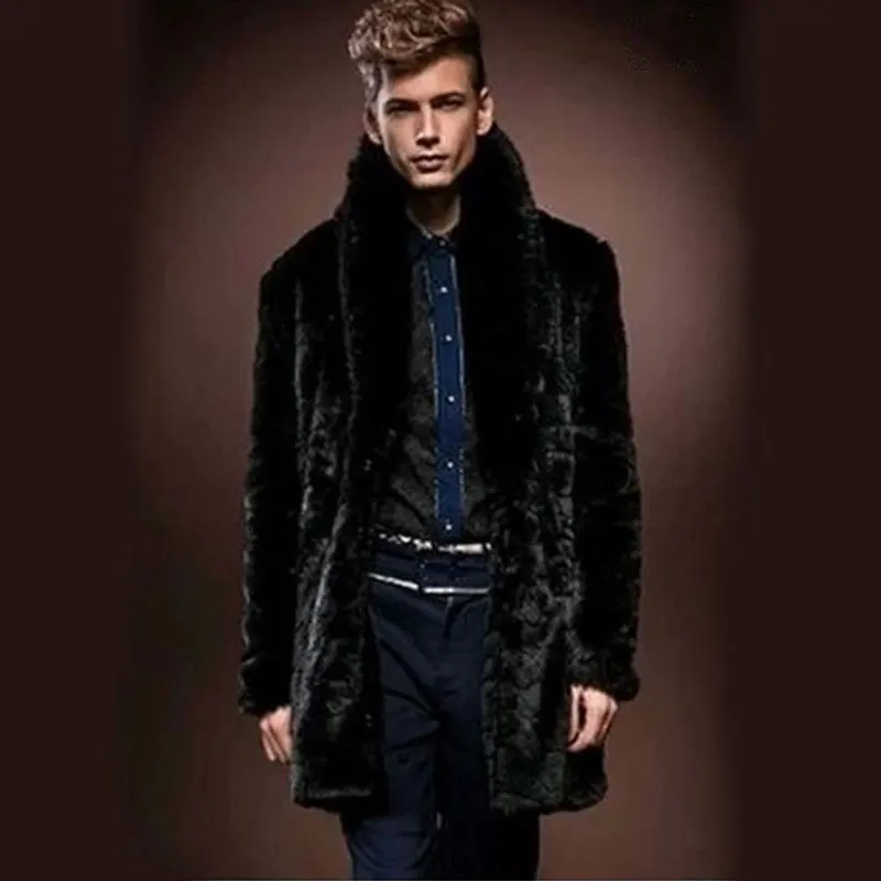 

New Winter Mens Slim Faux Fur Coats Long Section Black Fake Mink Coat Male Casual Turn-Down Collar Warm Overcoats D622