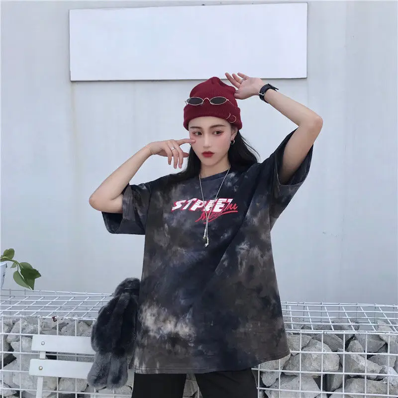 

QWEEK Summer Tie Dye T-shirts for Women 2021 Fashion Korean Style Letter Print Couple T-shirts with Print Y2k Top