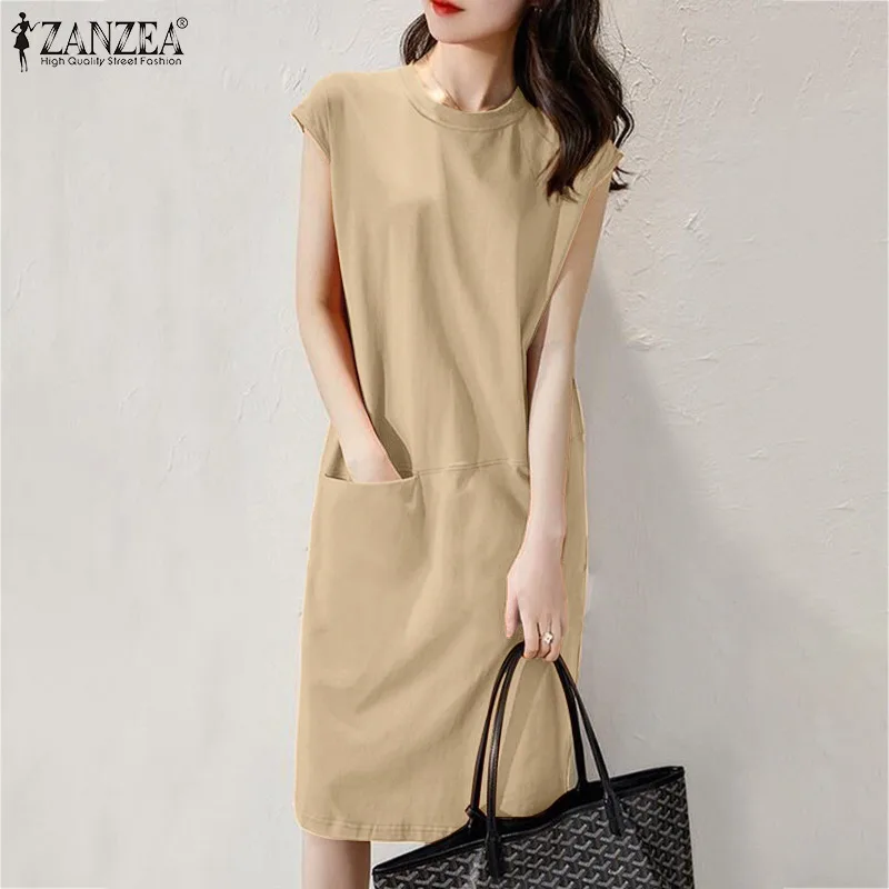 

Модель 2022 года, модный летний Однотонный сарафан ZANZEA без рукавов, женское платье миди, Элегантное повседневное свободное офисное платье, пл...