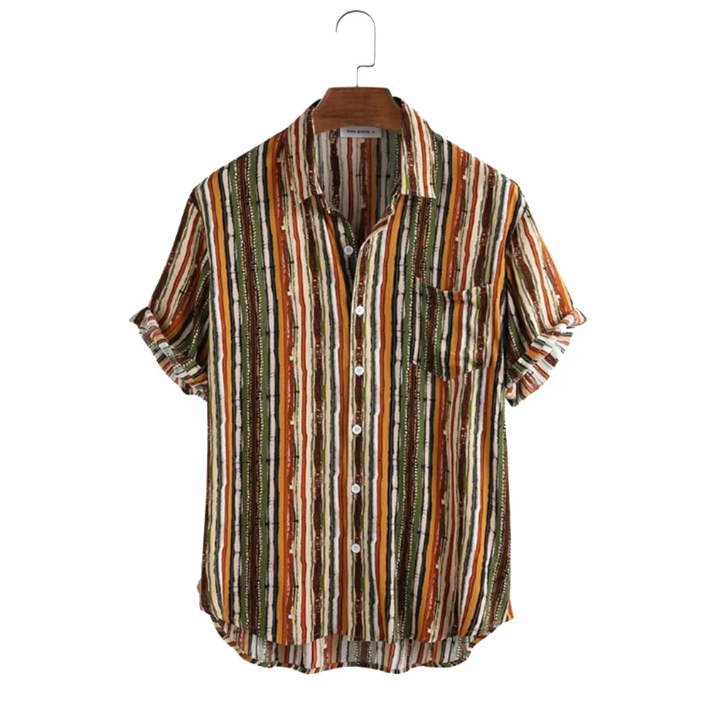 

Men Shirts Striped Print Beach Casual Shirts Streetwear Men Clothing Turn-down Collar Button Up Mens Shirts Tops Summer