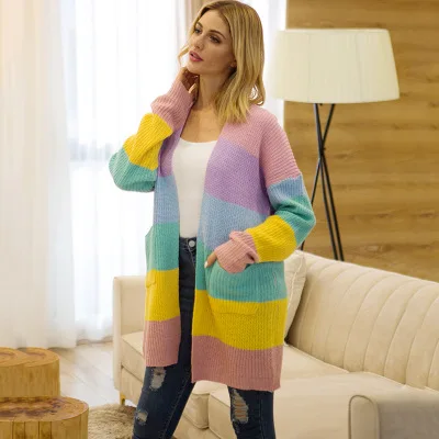 Осенний женский кардиган в радужную полоску,, Mujer, размера плюс, 3XL, длинный джемпер, женская одежда, зимняя Свободная трикотажная одежда, повседневные кардиганы