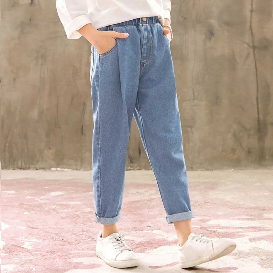 Весенние джинсы для девочек однотонные плиссированные детские с эластичным