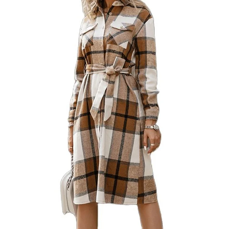 

Plaid cardigan windbreaker women's lace-up long skirt autumn new commuter business skirt jacket long cloak cardigan plaid dress