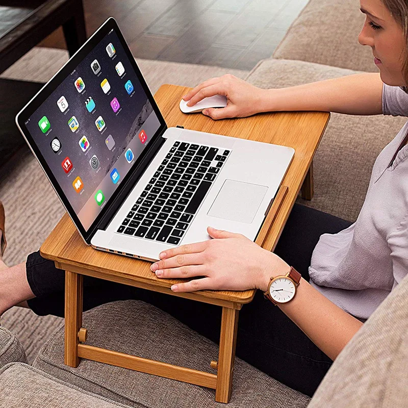 

Multifunction Lap Desk Breakfast Serving Bed Tray Sofa Tray with Foldable Legs-Natural Log Color