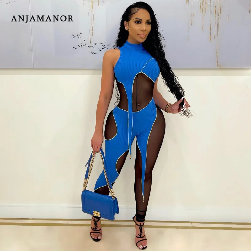 

ANJAMANOR Sexy Bodycon Jumpsuits Fall Winter Club Outfits for Women Baddie Clothes Transparent Rib Mesh Patchwork Romper D6-ED27