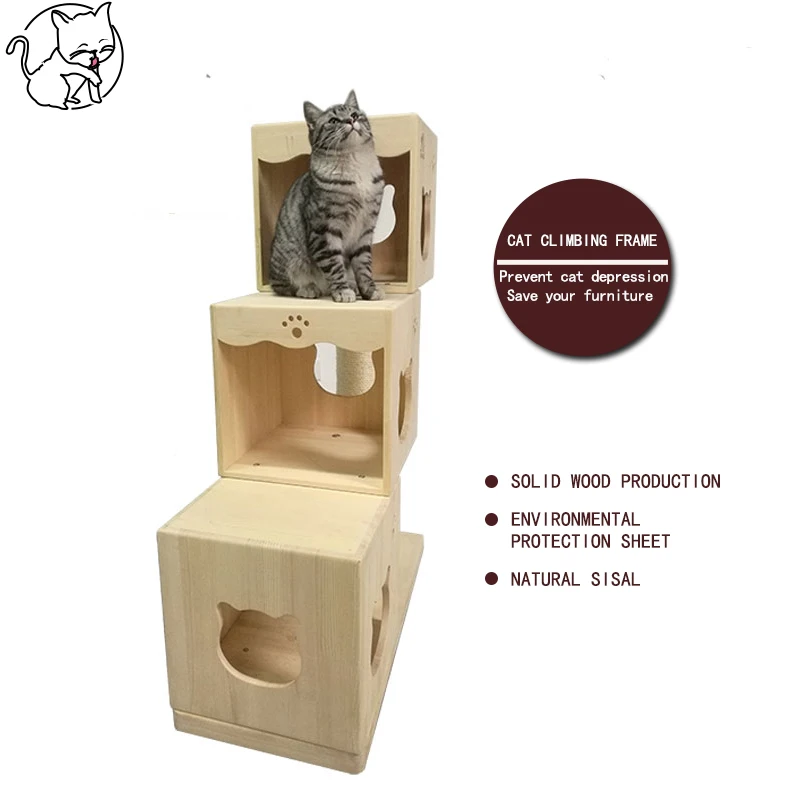 

Cat Climbing Frame Cat Tree Villa Solid Wood Cat Jumping Platform Sisal Scratching Post Cat House Tower Nest Furntuire