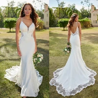 sexy lace mermaid weddding dress spaghetti straps v neck backless appliques sleeveless button long sweep train white bride gowns
