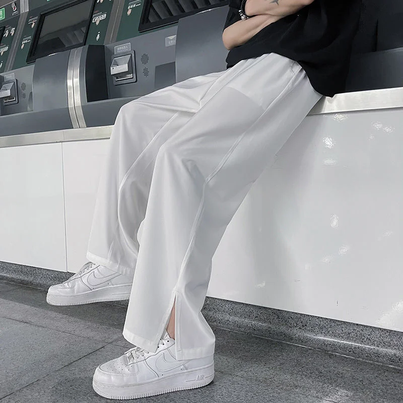 

Брюки мужские тонкие повседневные, модные прямые штаны с широкими штанинами, из вискозы, свободные уличная одежда, черные зеленые белые, на ...