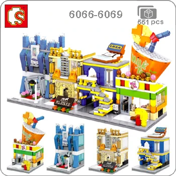 6066-6069 Sembo Mini City Street, кофейная пицца, хижина, магазин, ресторан, Китай, городской набор, 3D модель, блоки, строительные игрушки для детей, без коробки - Цвет: 6066-6069