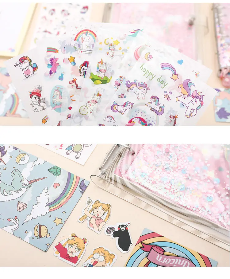 18 шт./компл. Kawaii Единорог ежедневнике Розовый ПВХ прозрачный Тетрадь Kawaii Наклейки на ручку Подарочная коробка для девочек дневник