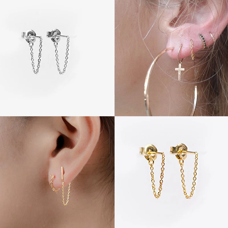 Женские серьги гвоздики из стерлингового серебра 925 пробы с цепочкой и