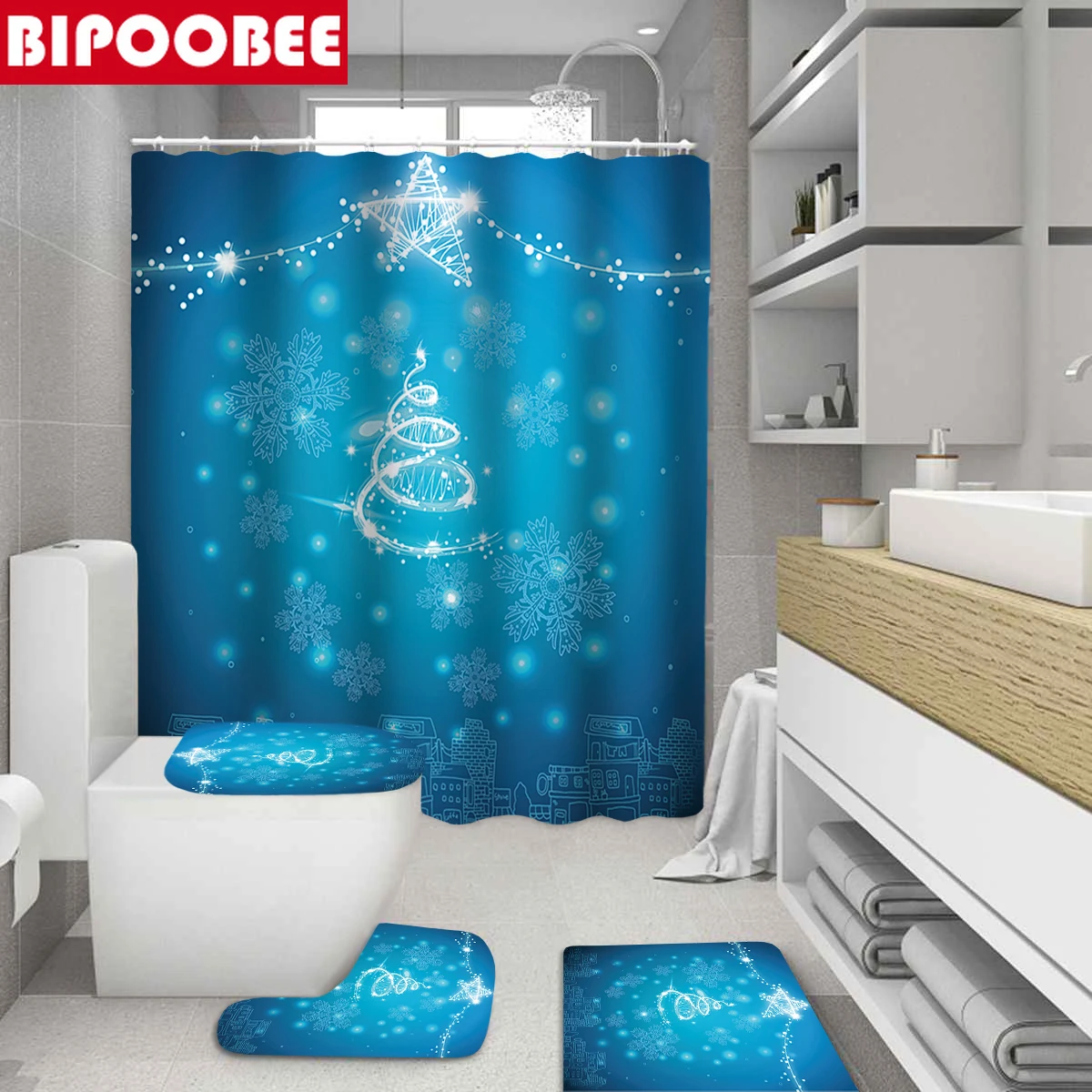 Синяя Рождественская занавеска для душа с треугольным принтом ванной комнаты