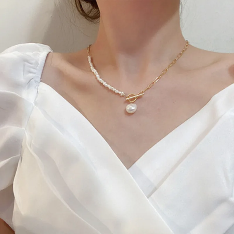 

2021 New Fashion Baroque Pearl Chain Necklace Women Collar Wedding Punk Toggle Clasp Circle Lariat Bead Choker Necklaces Jewelry