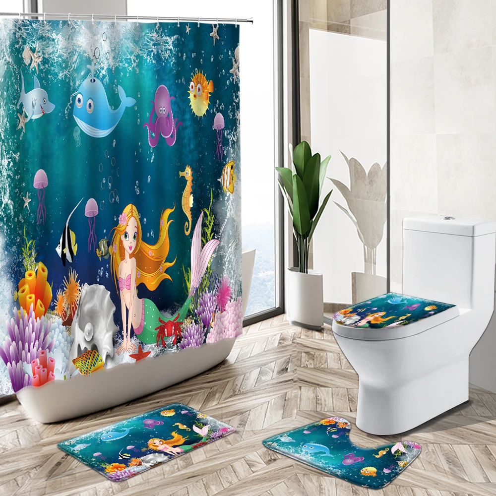 Prezzo Sirena Ragazza Bambino Bagno Tenda Da Doccia Set Cartone Animato Divertimento Delfino Polpo Animale Marino Tappeto Antiscivolo Coperchio Wc Tappetino Da Bagno
