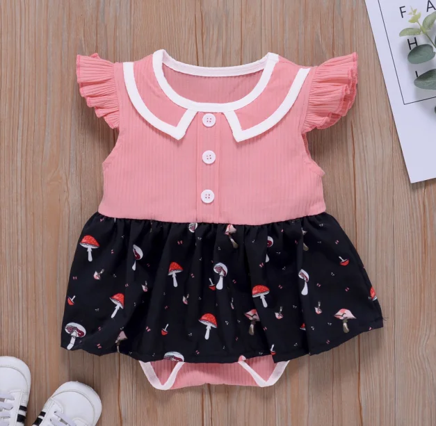 

Baby Girls Sweet Fly Sleeve Romper Fashion Button Round Neck Stitching Print Skirt Wrapped Jumpsuit
