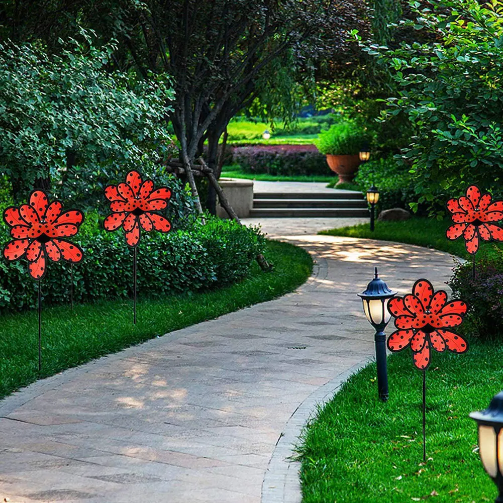 

Lawn Pinwheels Windmill Double-Layer Fabric Children Kids Pinwheels With Beetle Shape For Outdoor Garden Plant Lawn Decor Red