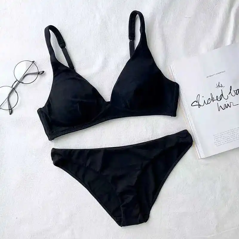 

2021 Winter Solid Push Up Bra Set Cotton Soft Cup Lingerie Girl Full Thick Triangle Cup Wirefree Gathered Lingerie Sets Plus