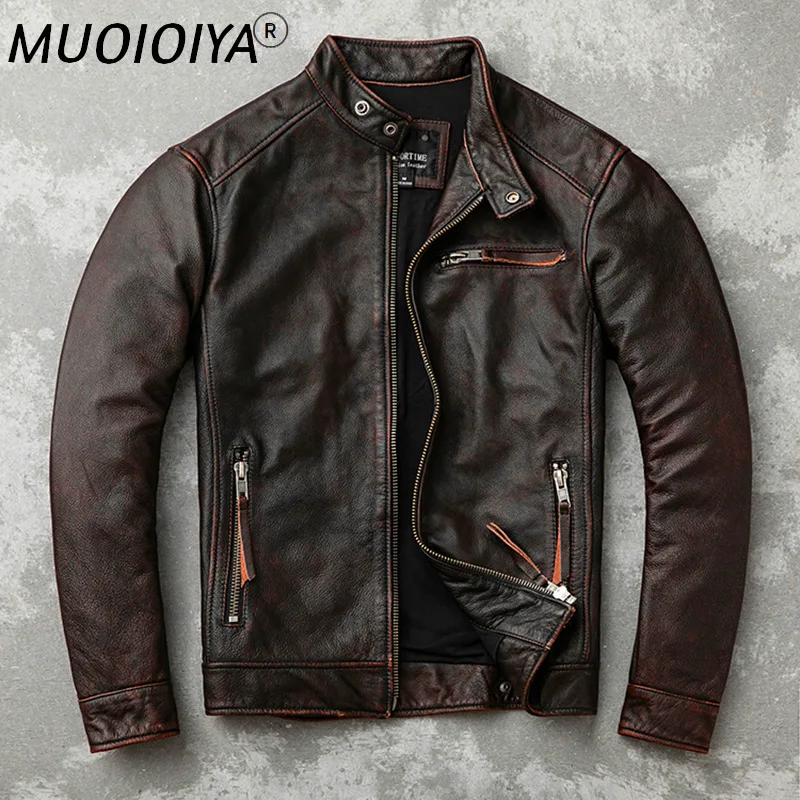 

Мужская мотоциклетная куртка из натуральной кожи, байкерская куртка из 100% воловьей кожи, одежда для весны и осени
