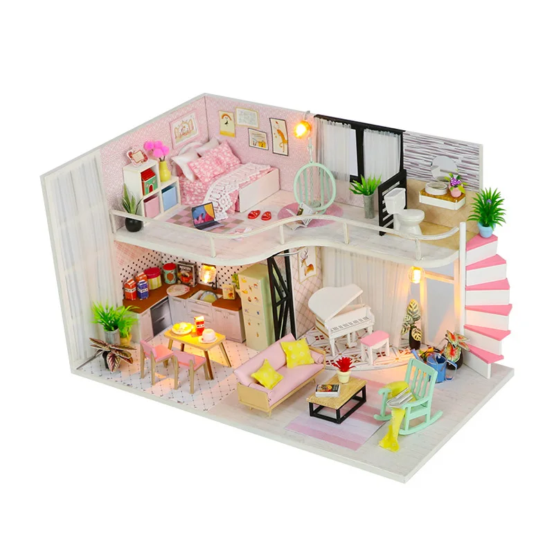 

Loft Style Pink M035 Doll House Miniature DIY Dollhouse With Furnitures 8-15 Years For Child Christmas Gift Old Wooden House Toy