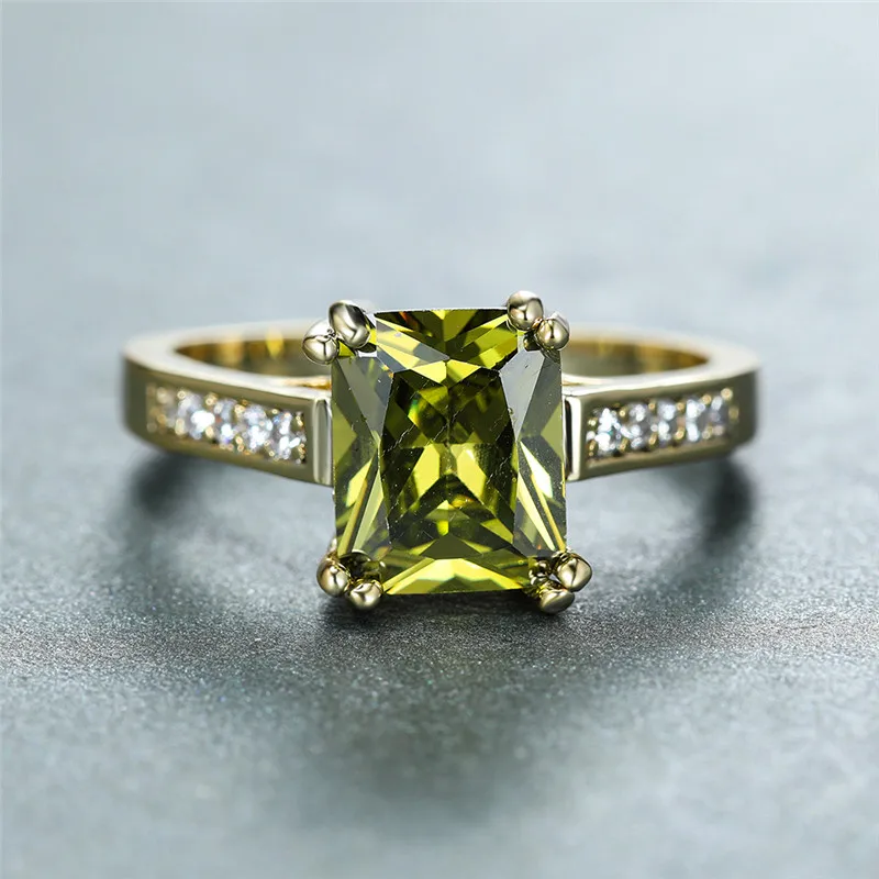 

Luxury Female Olive Green Crystal Ring Yellow Gold Thin Wedding Rings For Women Vintage Square Zircon Stone Engagement Ring
