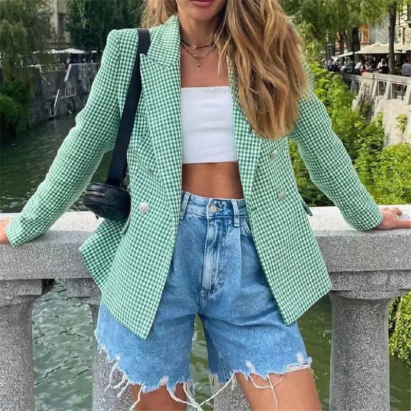

Merodi Women Vogue Double Breasted Fad Za Slim Long Blazers Outwear Office Lady Casual Houndstooth Print Summer Chic Jackets