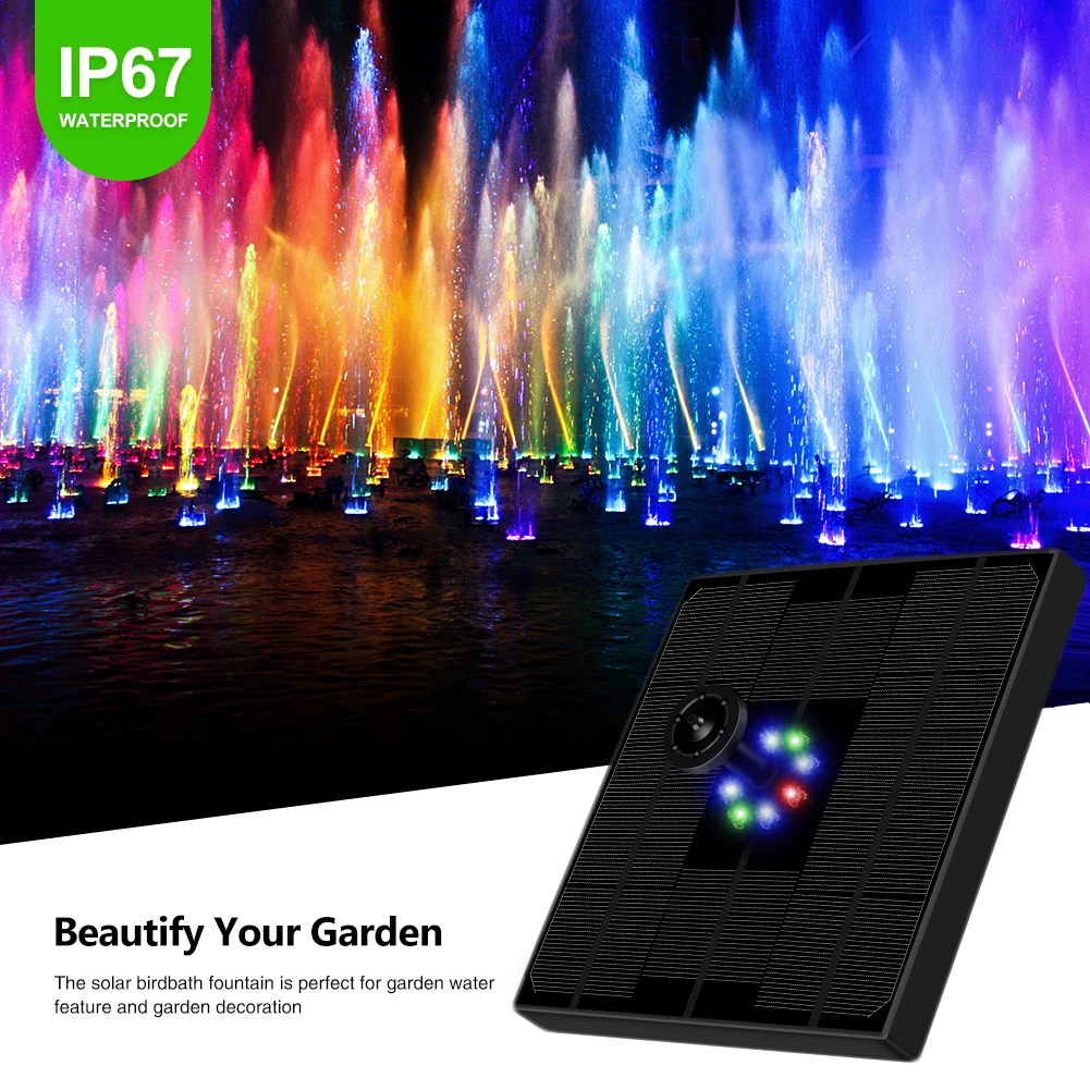 

5V/4W Solar Water Fountain Colorful LED Lights Floating Garden 4 In 1 Nozzle Tile Fountain Pump Swimming Pools Pond Lawn Decor