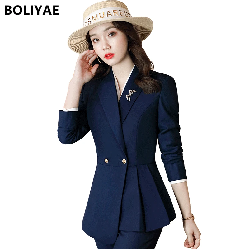 Boliyae Fashion Business Pants Suits Uniform Formal  Women's Jacket and Skirt Black Long Sleeve Blazers Office Work Clothes Sets