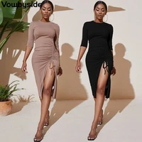 spring and autumn solid color shirring sexy womens dress half sleeve round neck slim long dress
